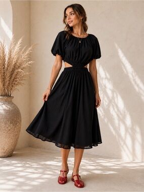 HYFVE Bubble Black Sleeve Midi Dress Back cutout Viral Style Flattering